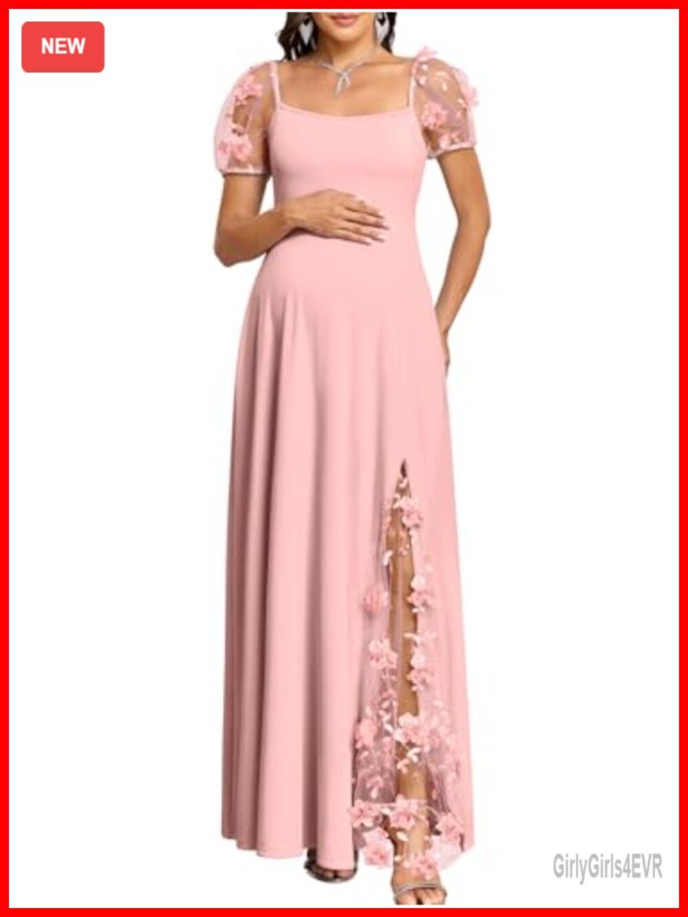 3D Floral Maternity Maxi Gown Square Neck Puff Sleeve Split Baby Shower Dress